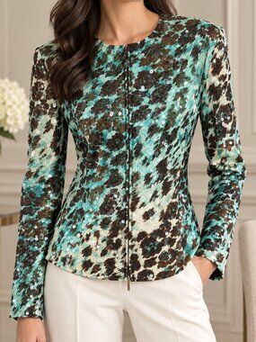 ✨ JOSEPH RIBKOFF | Aqua Leopard Paillette Zip Jacket | Size 12 ✨